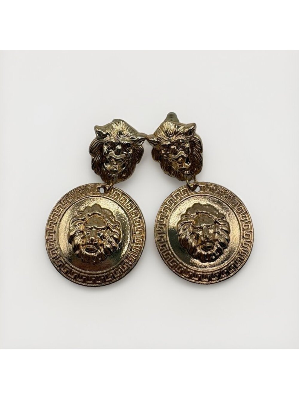 Lions Head Gold Tone Round Door Knocker Earrings Baroque 80’s